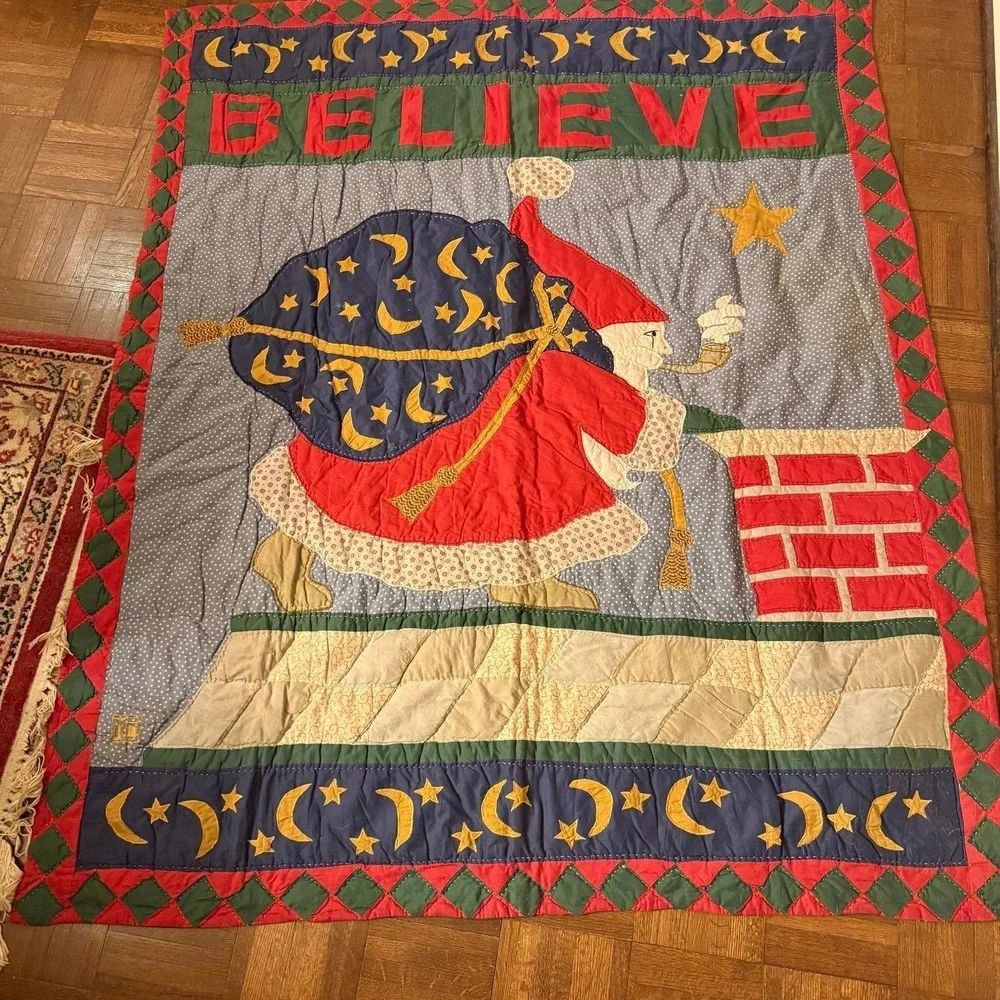 Vtg Mary Engelbreit Believe Santa throw quilt-whimsical holiday tapestry throw